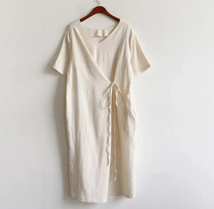 Meredith - Effortless Linen V-Neck Lace-Up Dress for Women