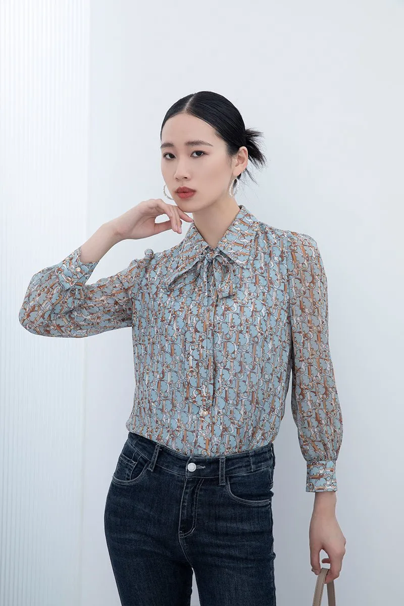 Mist Blue Bow Tie Printed Blouses