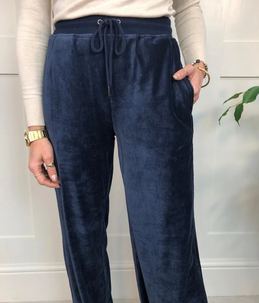 Navy Velour Wide Leg Joggers