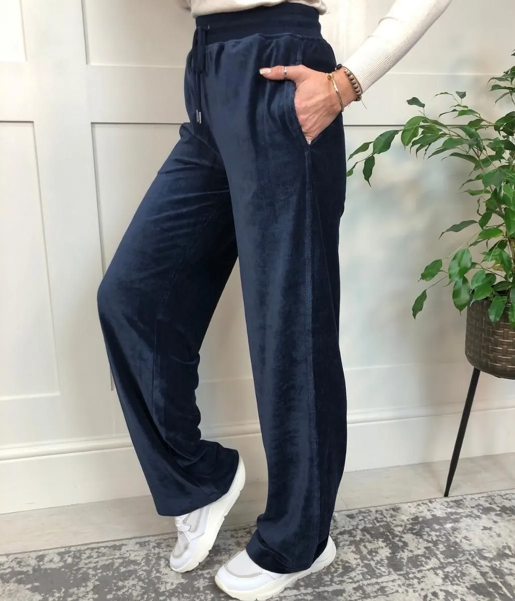 Navy Velour Wide Leg Joggers