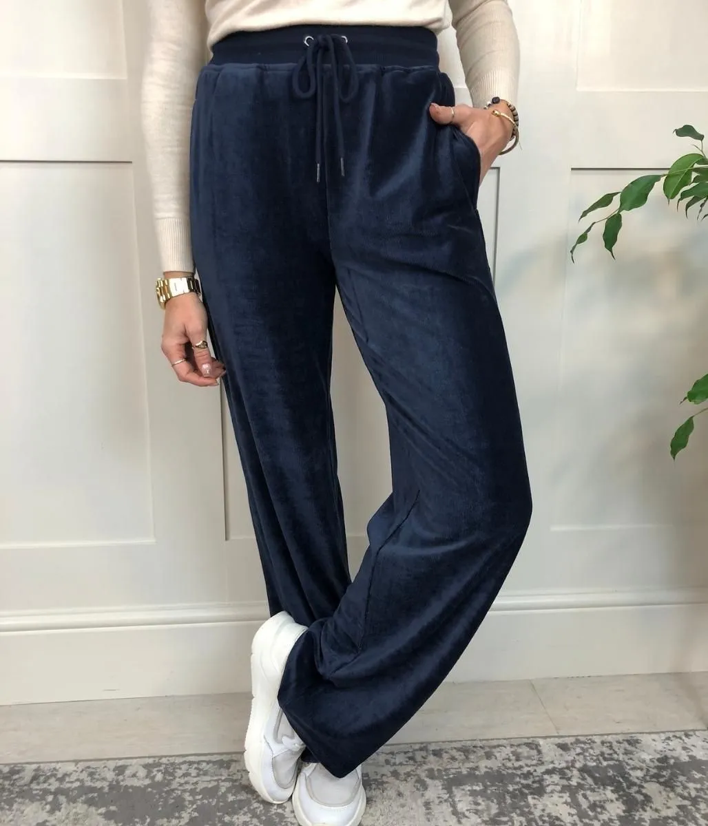 Navy Velour Wide Leg Joggers