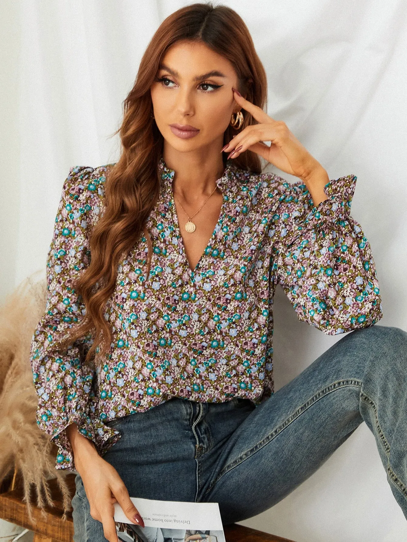 Notch Neck Puff Sleeve Ditsy Floral Blouse