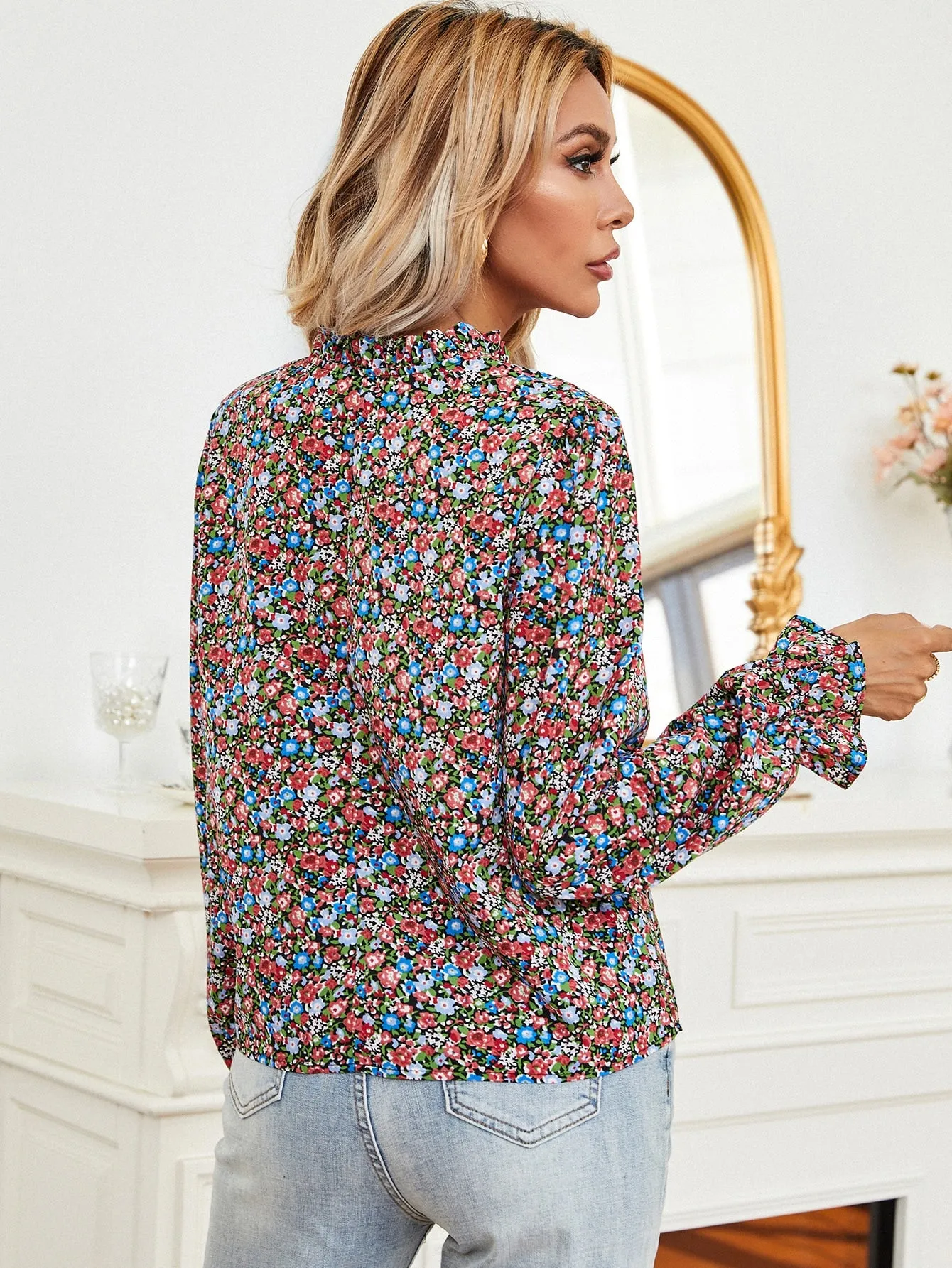 Notch Neck Puff Sleeve Ditsy Floral Blouse