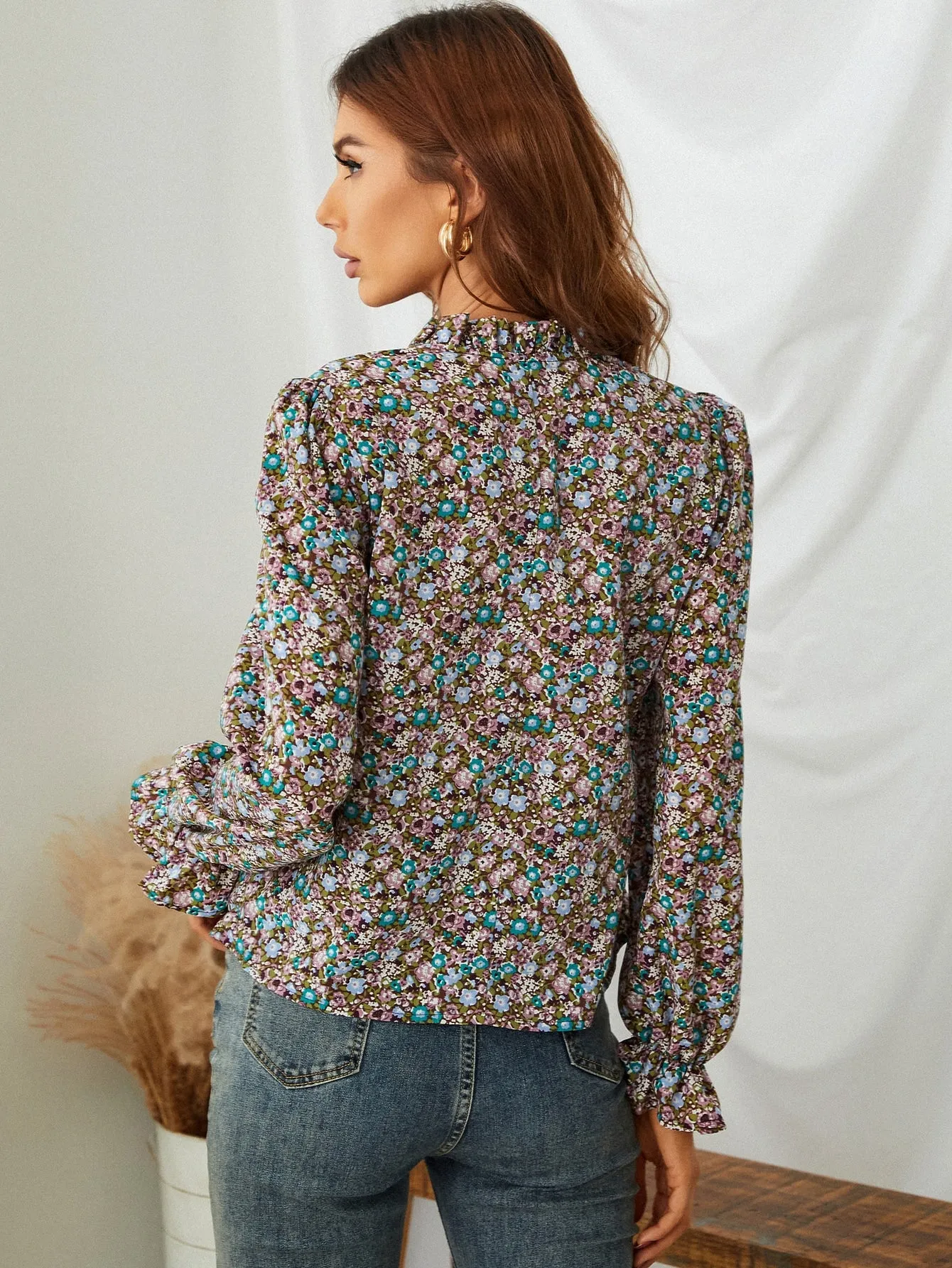 Notch Neck Puff Sleeve Ditsy Floral Blouse