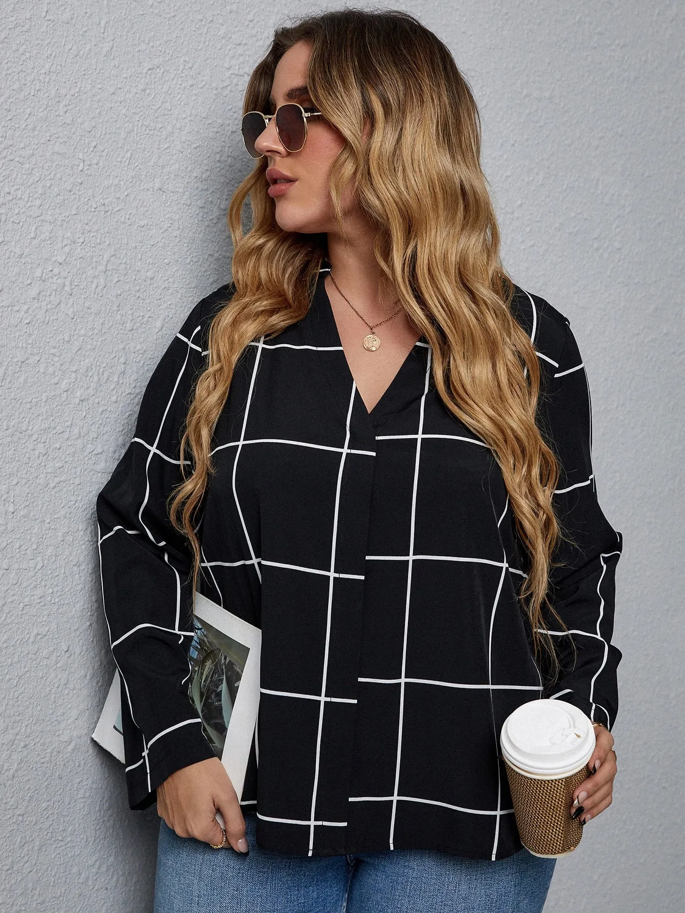 Plaid Long Sleeve Notched Regular Plus Size Blouse