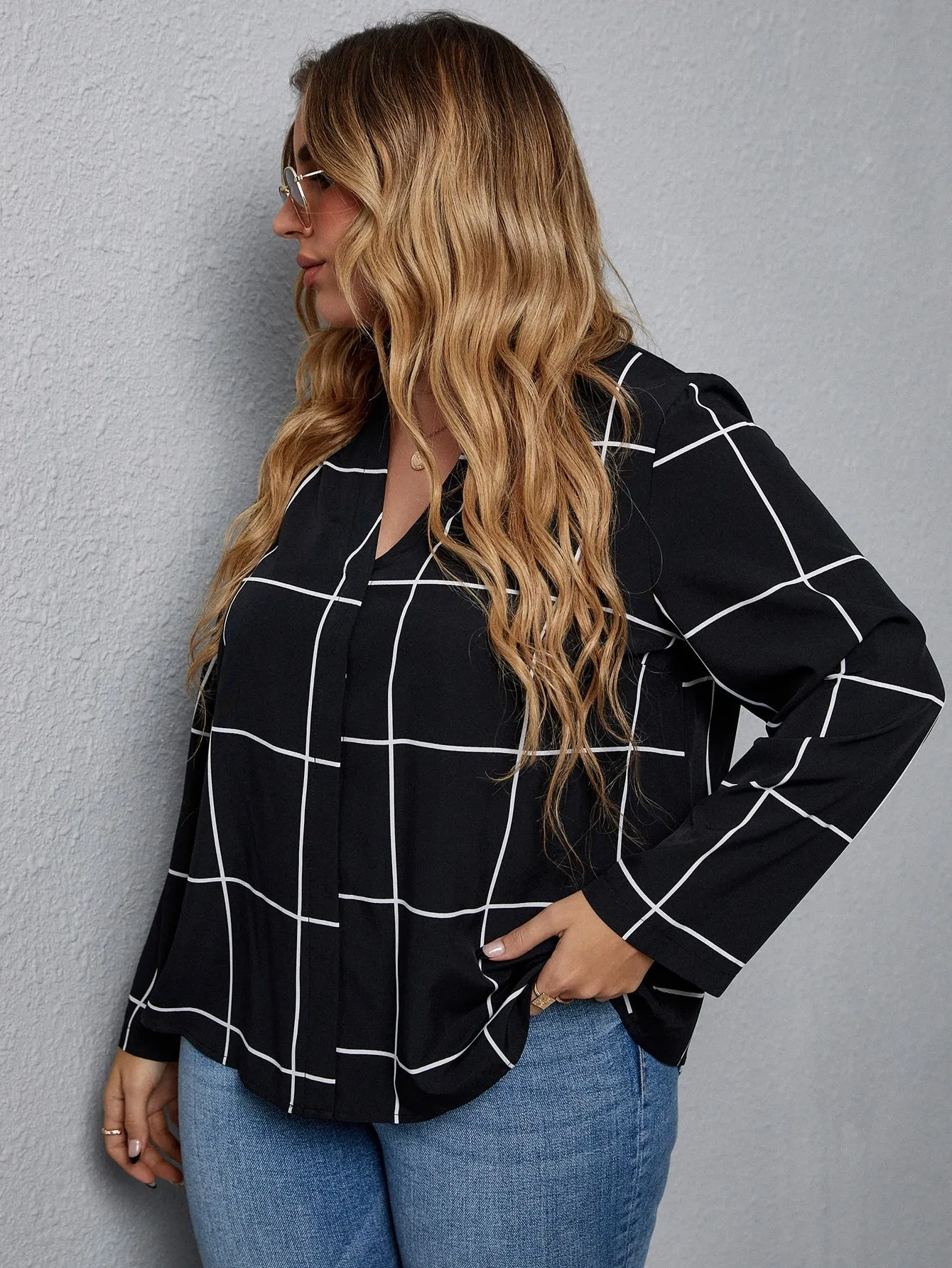 Plaid Long Sleeve Notched Regular Plus Size Blouse