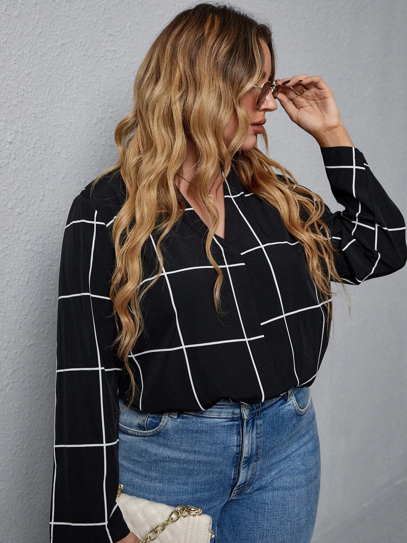 Plaid Long Sleeve Notched Regular Plus Size Blouse