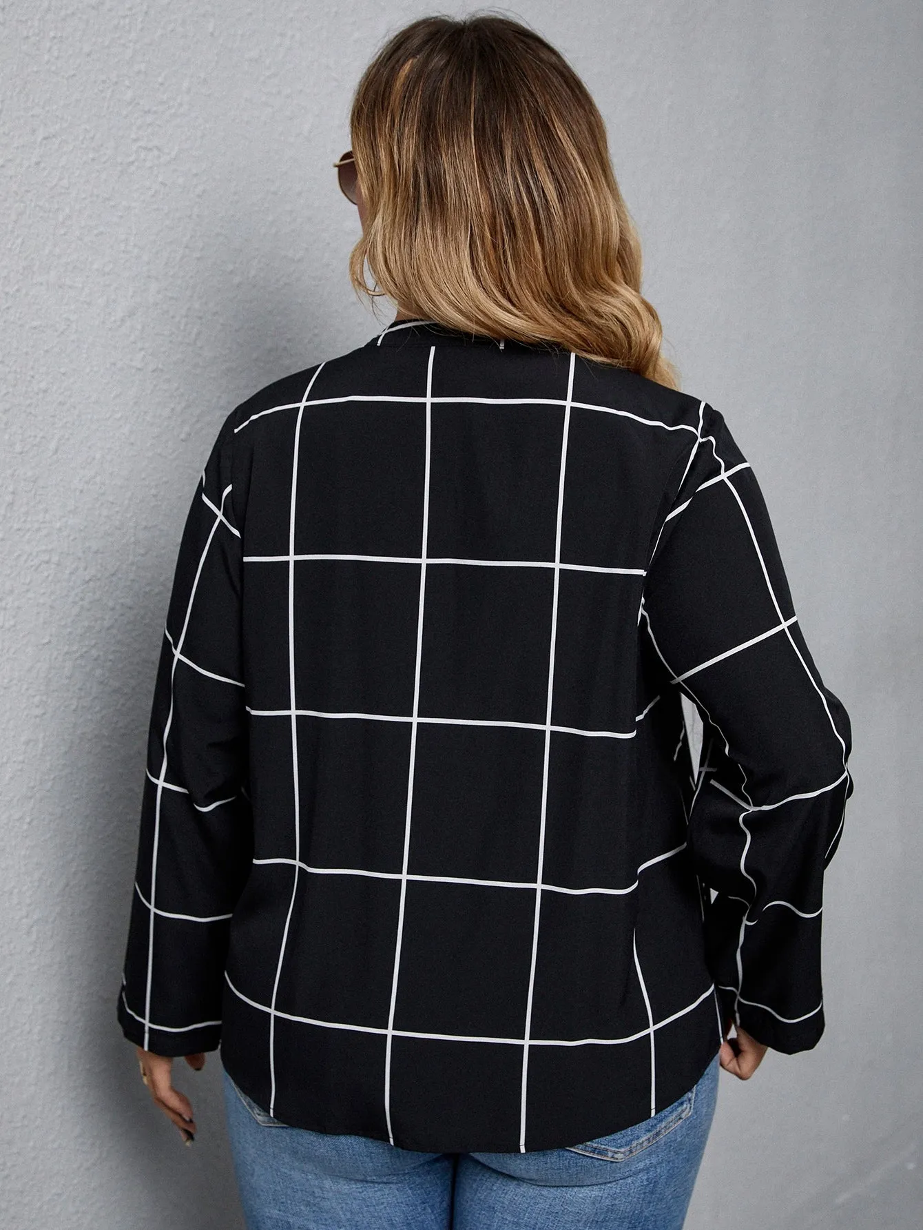 Plaid Long Sleeve Notched Regular Plus Size Blouse