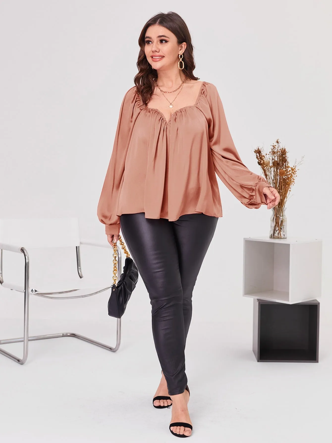 Plain Button Long Sleeve Sweetheart Regular Plus Size Blouse