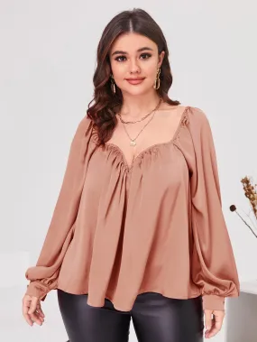 Plain Button Long Sleeve Sweetheart Regular Plus Size Blouse