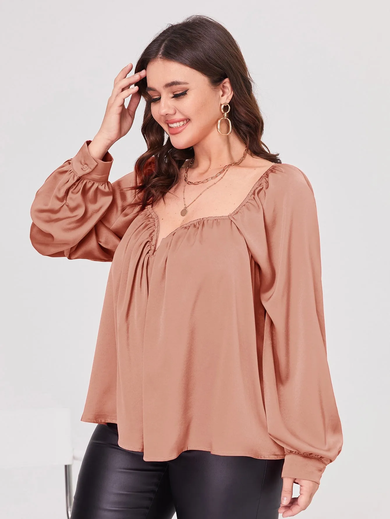 Plain Button Long Sleeve Sweetheart Regular Plus Size Blouse