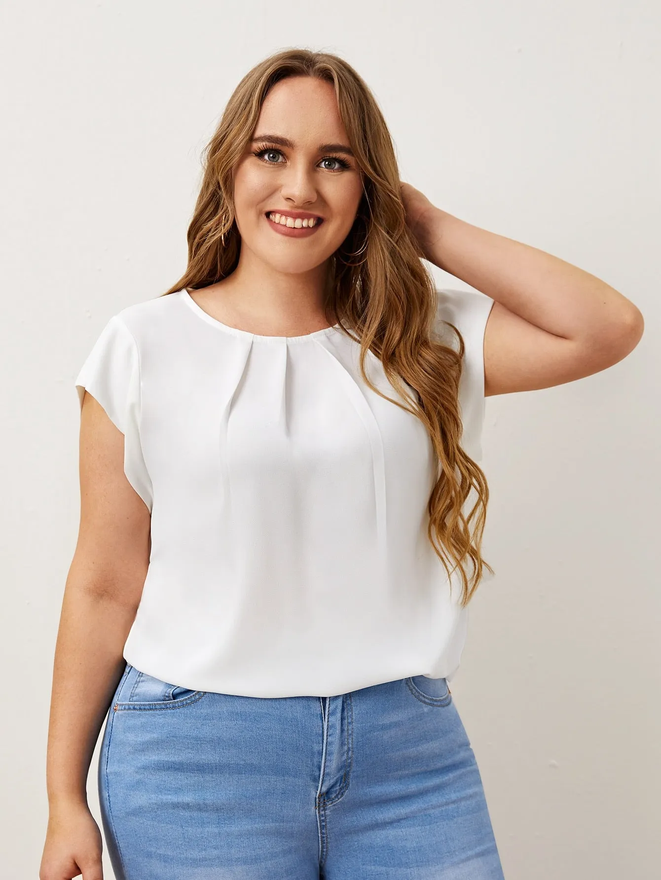 Plain Cap Sleeve Round Neck Regular Plus Size Blouse