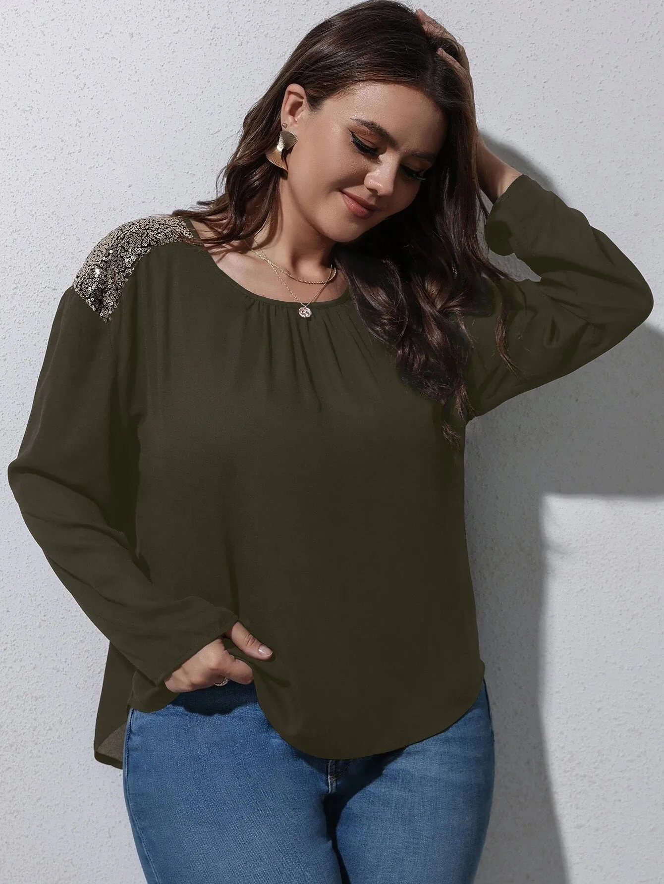 Plain Contrast Sequin Long Sleeve Round Neck Long Plus Size Blouse