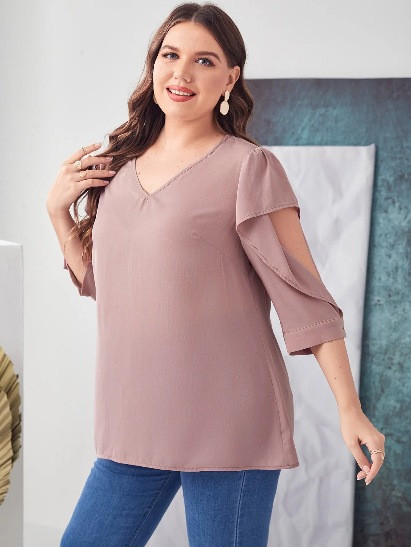 Plain Cut Out Three Quarter Length Sleeve V Neck Long Plus Size Blouse