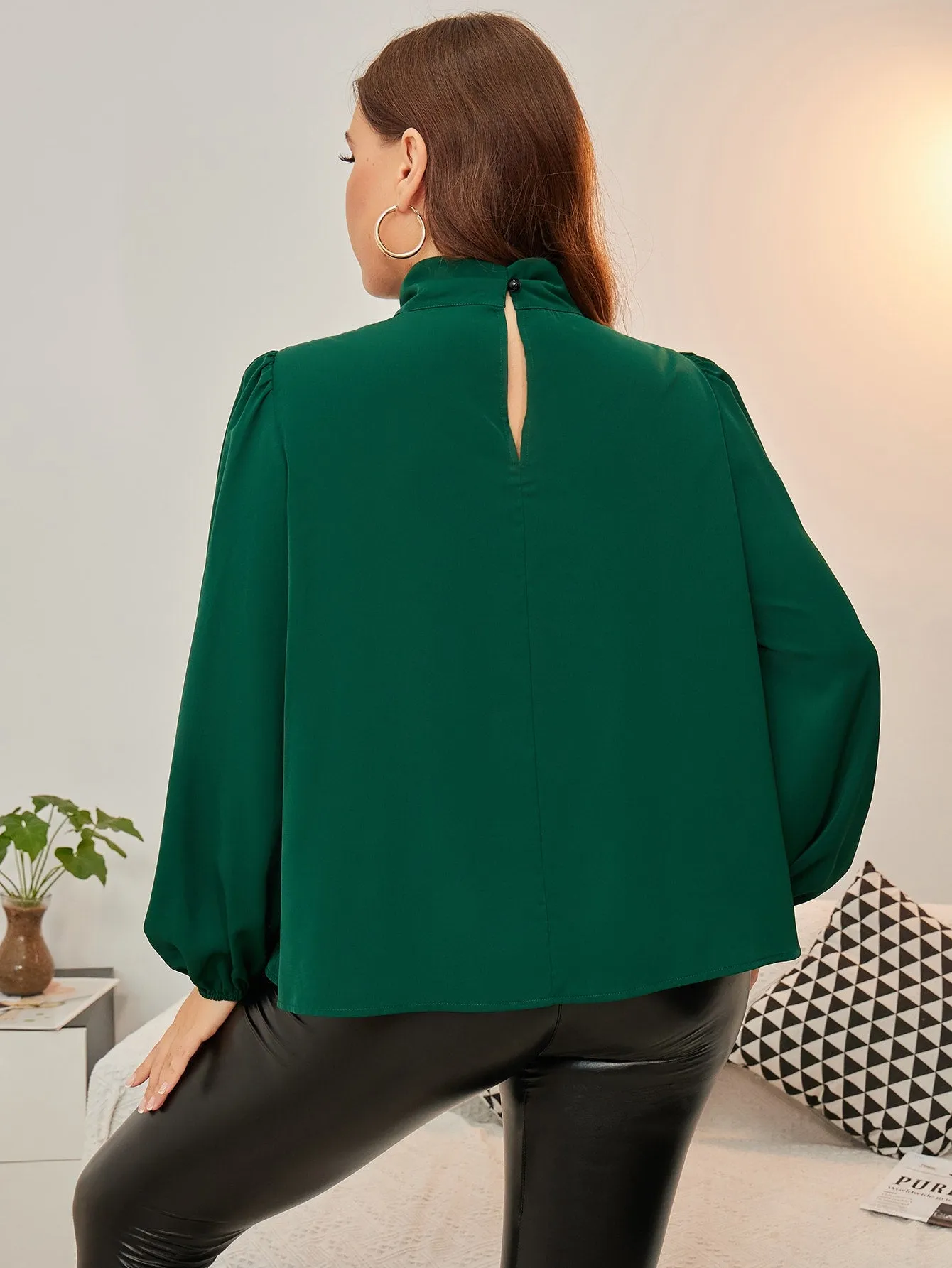 Plain Long Sleeve Tie Neck Regular Plus Size Blouse