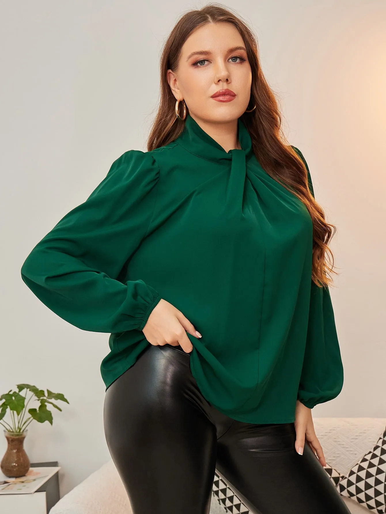 Plain Long Sleeve Tie Neck Regular Plus Size Blouse