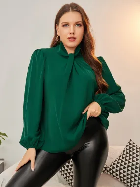 Plain Long Sleeve Tie Neck Regular Plus Size Blouse