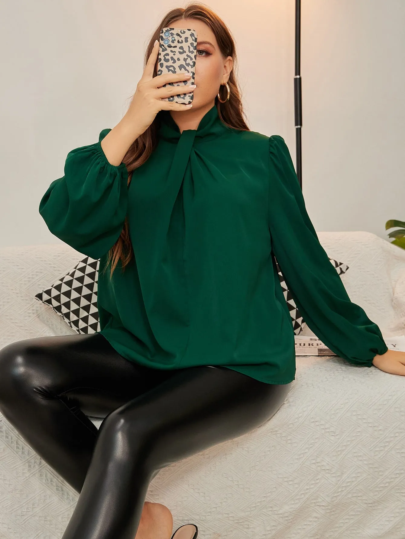 Plain Long Sleeve Tie Neck Regular Plus Size Blouse