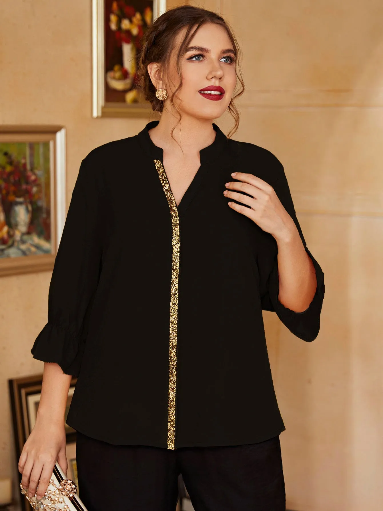 Plain Ruffle Three Quarter Length Sleeve Notched Regular Plus Size Blouse