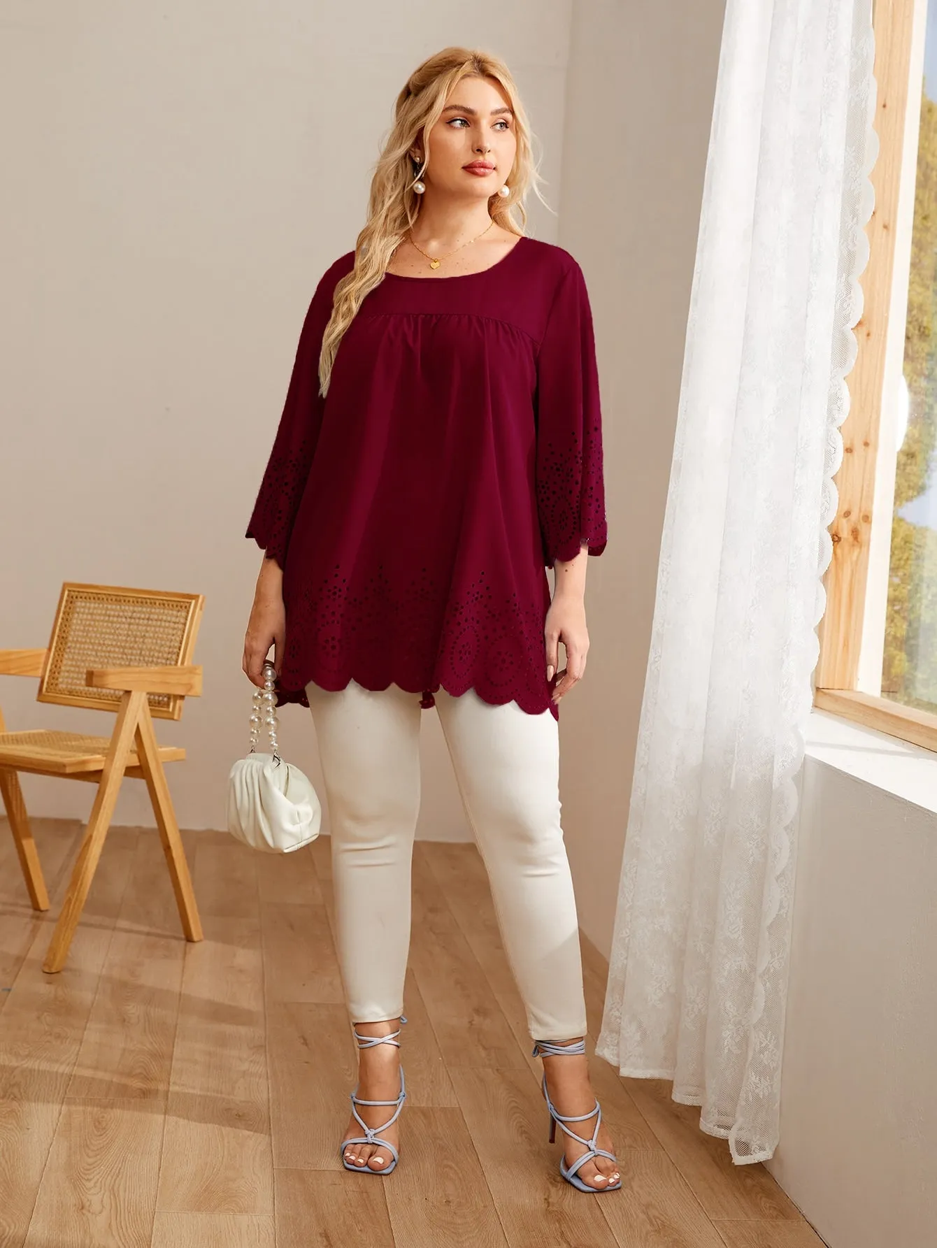 Plain Scallop Three Quarter Length Sleeve Round Neck Long Plus Size Blouse