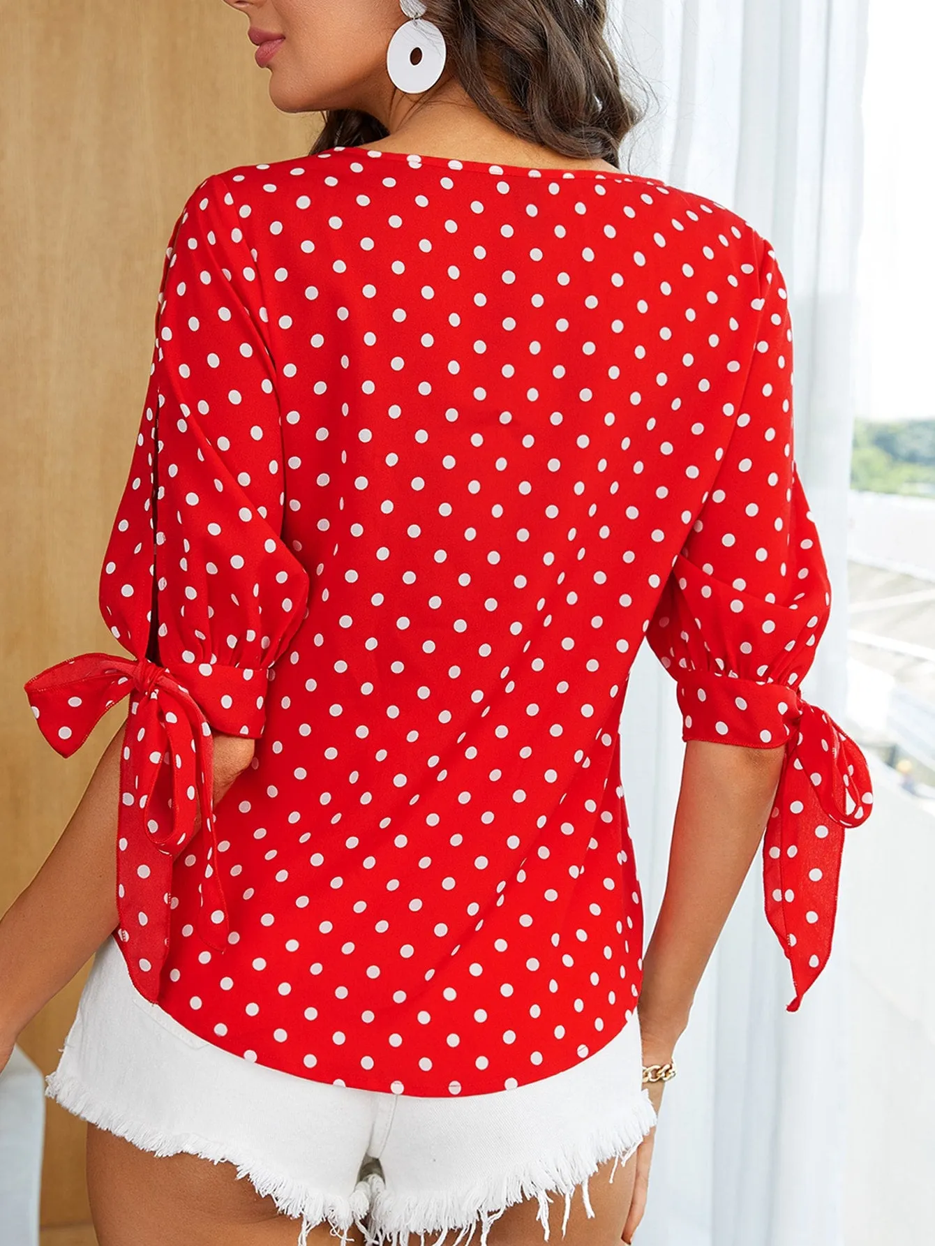 Polka Dot Tie Cuff Blouse