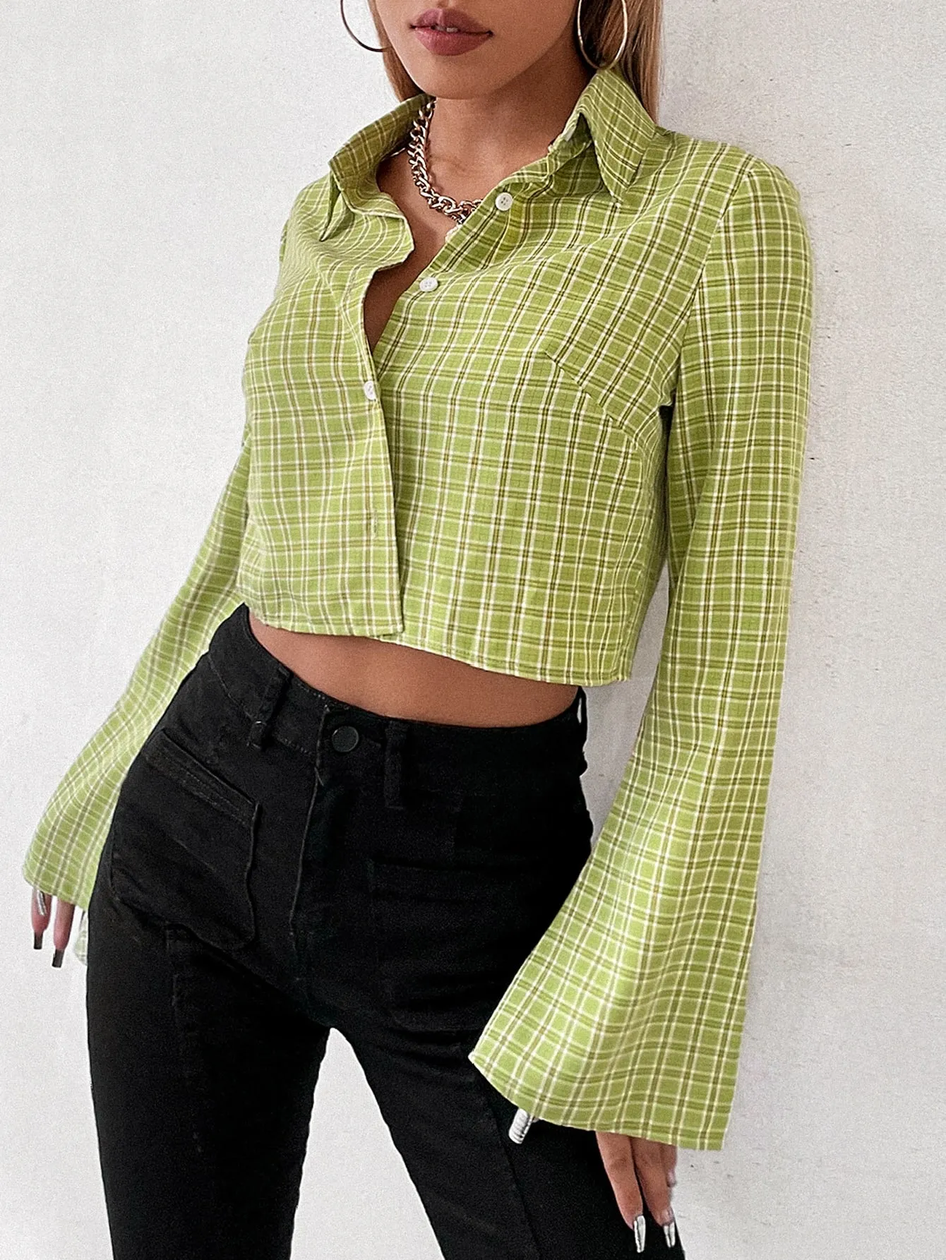 Preppy Plaid Button Front Long Sleeve Collar Crop Blouse