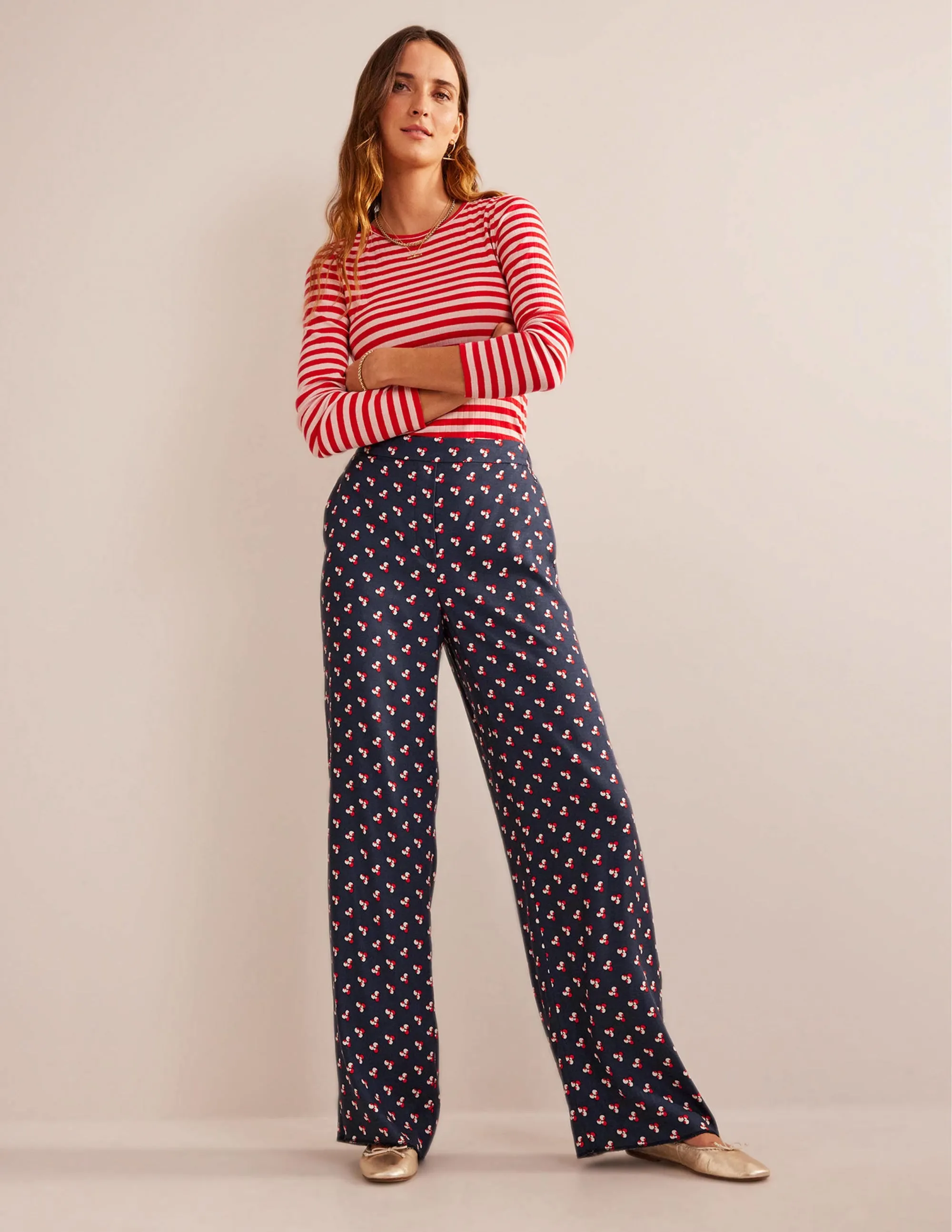 Printed Pull-On Trousers-French Navy, Falling Dot