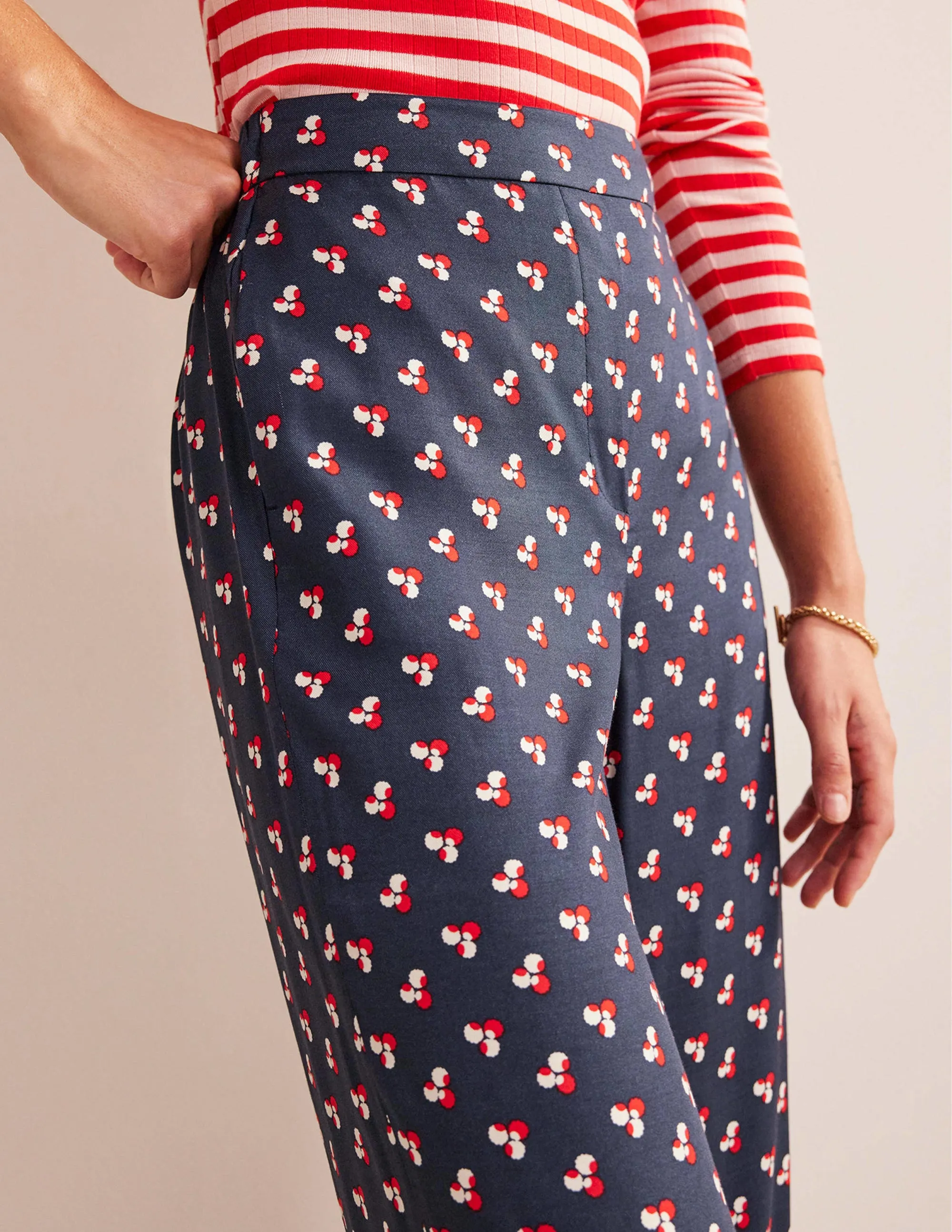 Printed Pull-On Trousers-French Navy, Falling Dot