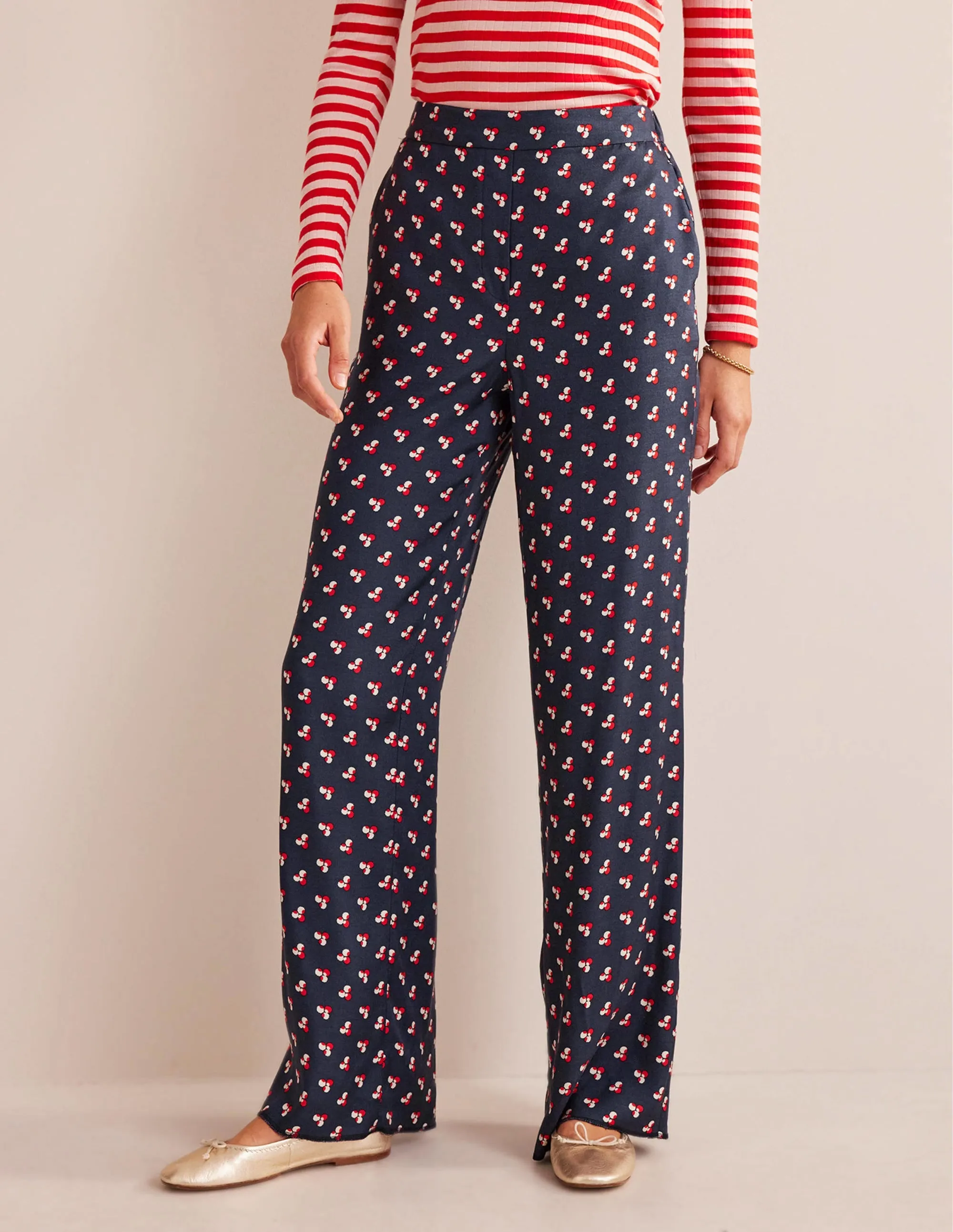 Printed Pull-On Trousers-French Navy, Falling Dot