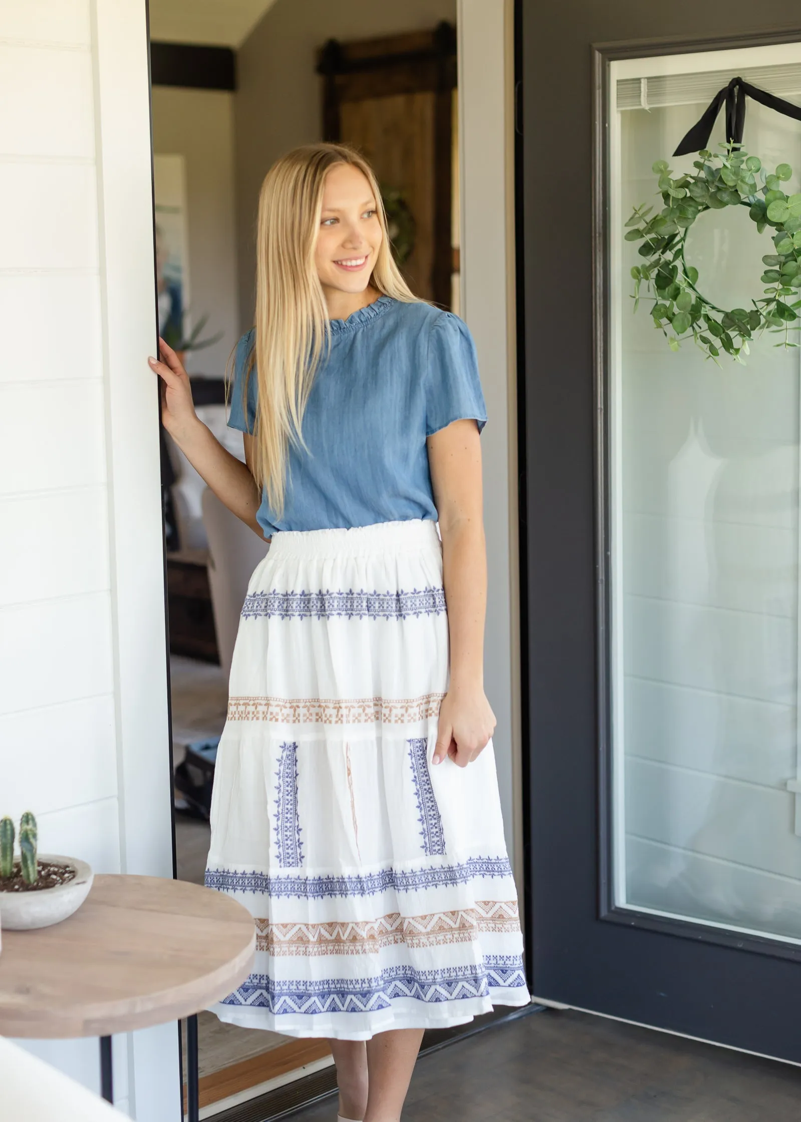 Ruffle Neck Denim Chambray Top