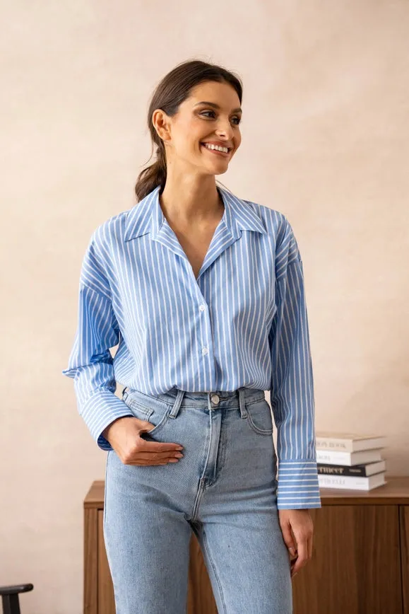 Striped Cotton Shirt with Lapel Collar  Sky Blue