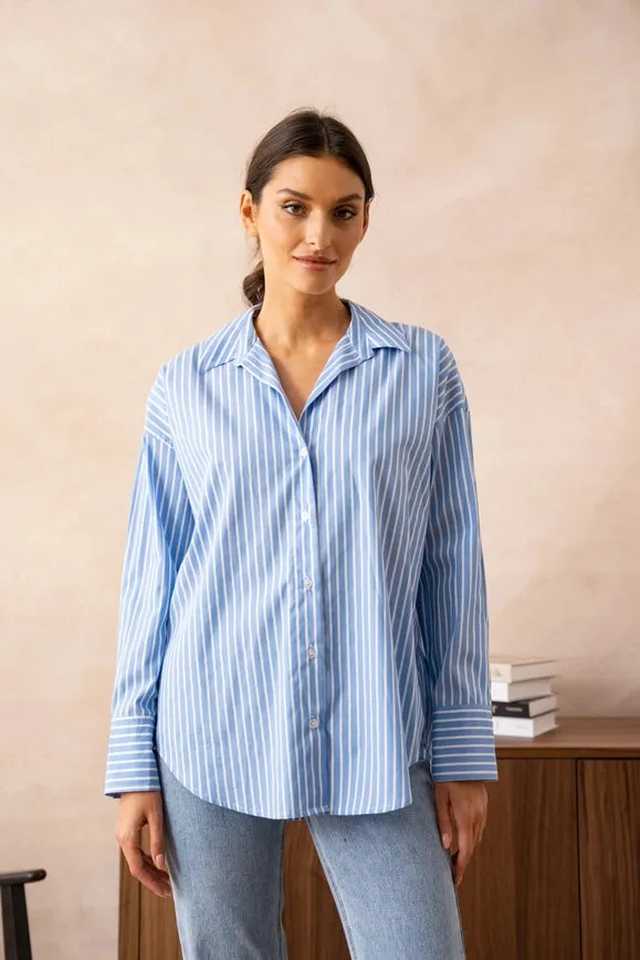 Striped Cotton Shirt with Lapel Collar  Sky Blue