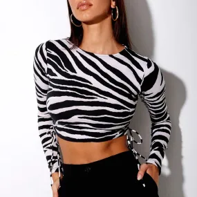 Stylish Zebra-stripe Side Drawstring Crop Long Sleeve Tee