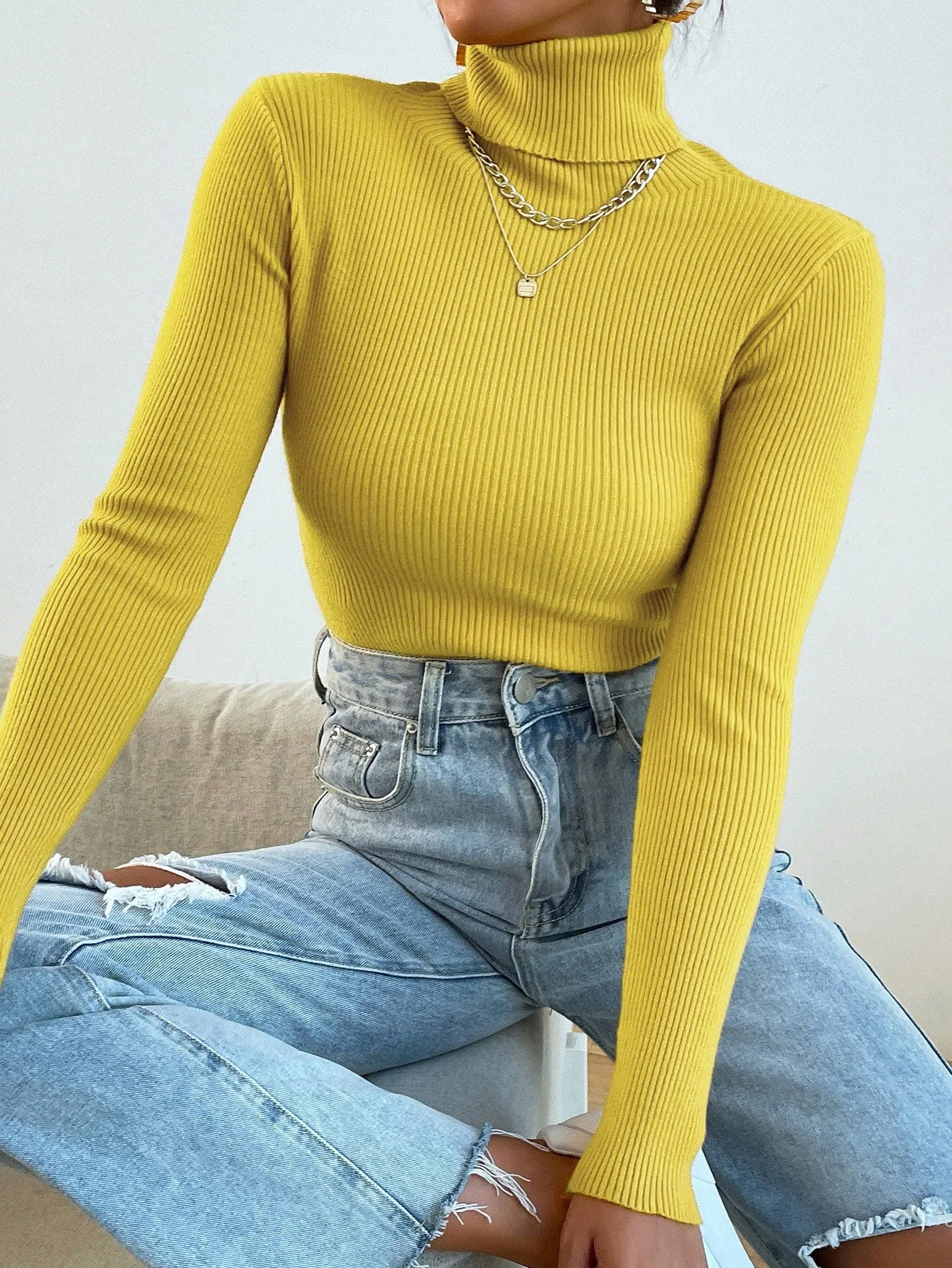 Turtleneck Long Sleeve Ribbed Knit Sweater