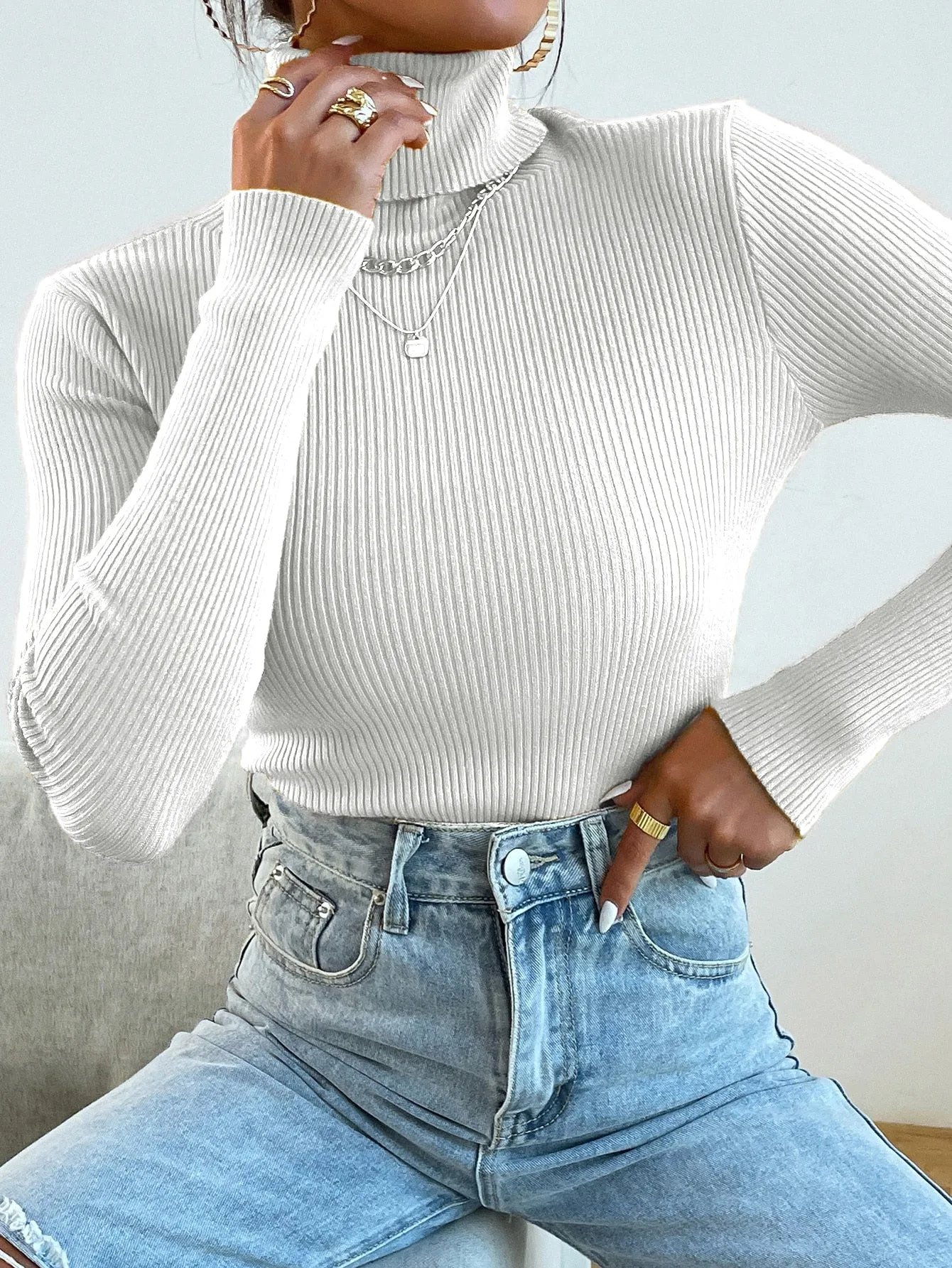 Turtleneck Long Sleeve Ribbed Knit Sweater