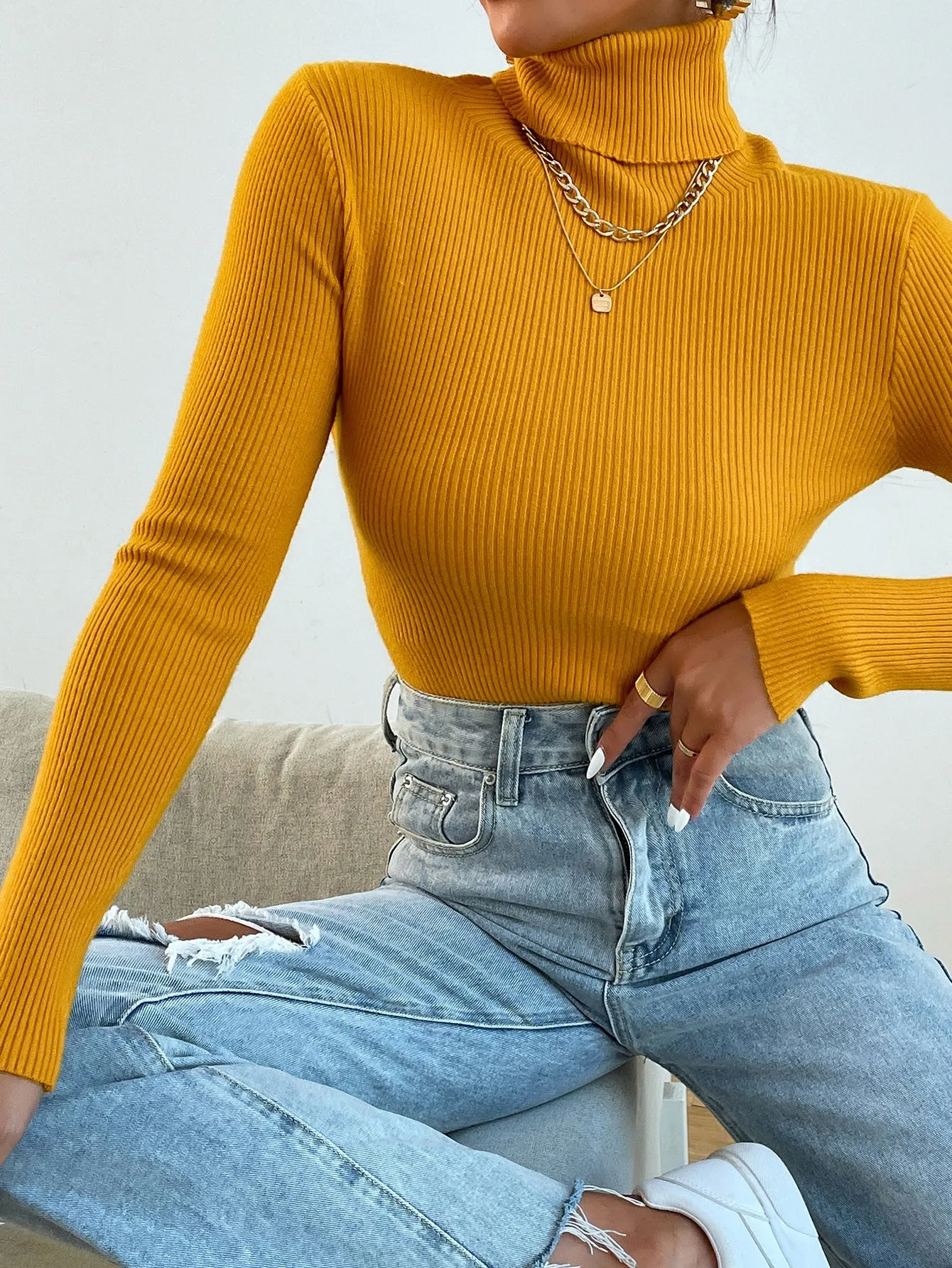 Turtleneck Long Sleeve Ribbed Knit Sweater