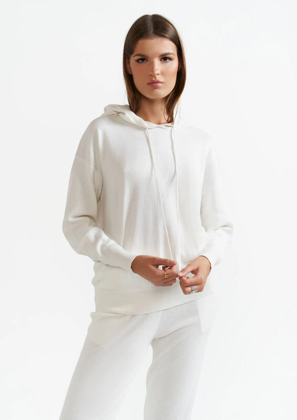 WHITE CASHMERE BLEND HOODED SWEATSHIRT